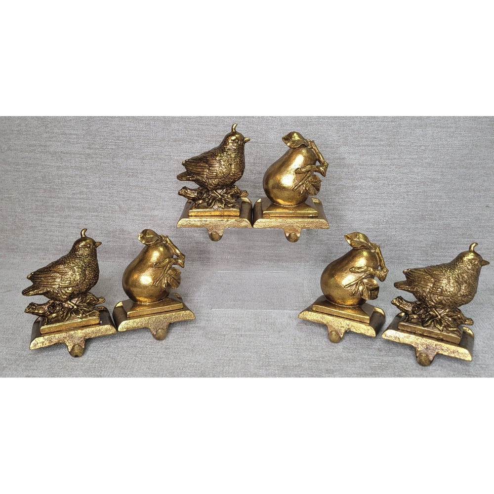 2 Gold Partridge in a Pear Tree Christmas Stocking Holders Set Holiday Decor NEW